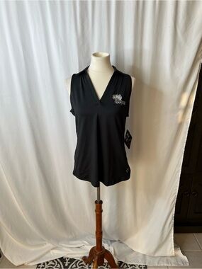 🖤 NWT Jofit Black Sleeveless V-Neck Collared Gold Shirt | Tech Cut Away. w/logo